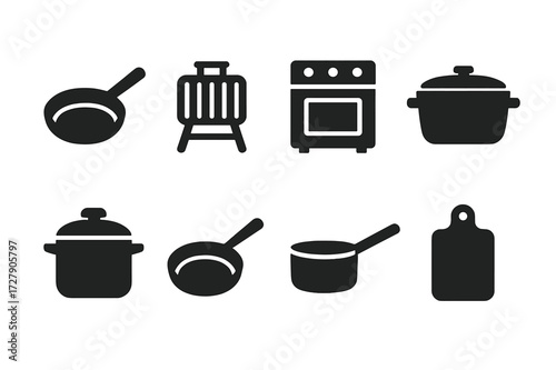 Cooking Tool Icons. Solid, filled icon set of main course cooking tools: skillet, grill, oven, slow cooker, pressure cooker, frying pan, saucepan, cutting