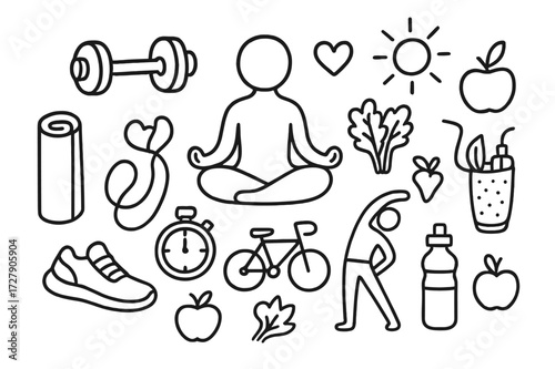 Wellness Lifestyle Doodles. Hand-drawn doodle illustration wellness lifestyle yoga mat, lotus pose, meditation, dumbbell, running shoe, jump rope, stopwatch,