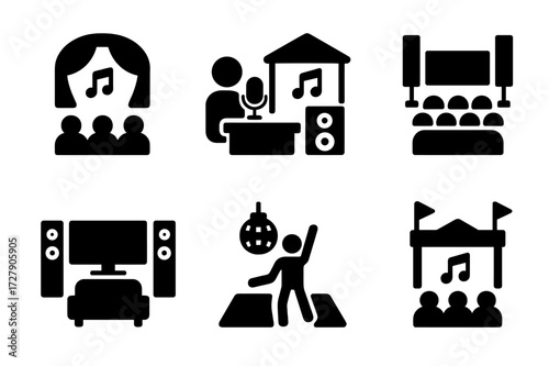 Sound Environments Icons. Solid, filled icon set of sound environments: concert hall, recording studio, open air, auditorium, home theater, club, radio