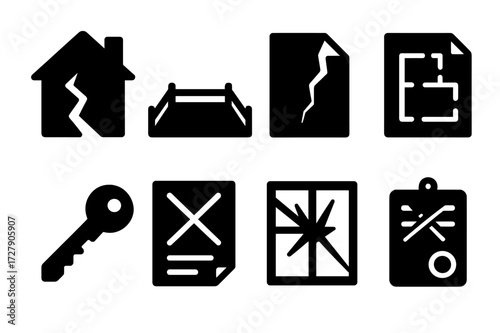 Worthless Real Estate Icons. Solid, filled icon set of worthless real estate: broken house, empty lot, torn deed, faded blueprint, discarded key, crossed-out