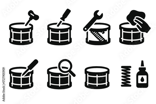Snare Drum Icon Set. Solid, filled icon set of snare drum maintenance: tuning, head replacement, snare wire adjustment, cleaning, lug tightening,