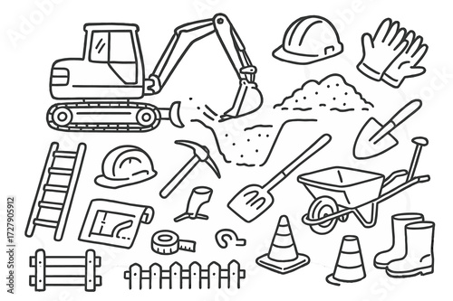 Trench Digging Icons. Hand-drawn doodle illustration trench digging with backhoe backhoe, bucket, trench, dirt pile, shovel, pickaxe, safety helmet, gloves,
