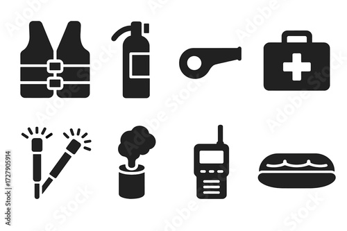 Yacht Safety Icons. Solid, filled icon set of yacht safety: life jacket, fire extinguisher, emergency whistle, first aid kit, flares, smoke signal, radio,