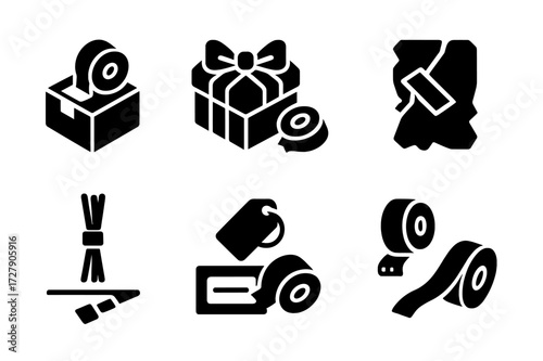Versatile Tape Icons. Solid, filled icon set of tape usage: sealing box, taping gift, repairing object, binding cables, labeling, medical bandage, masking