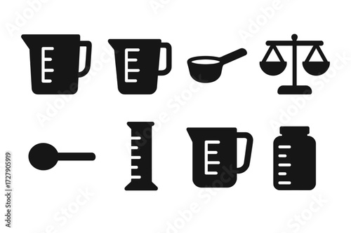 Measurement Tools Icons. Solid, filled icon set of liquid and solid measures: liquid measuring cup, dry measuring cup, scoop, balance scale, measuring spoon,