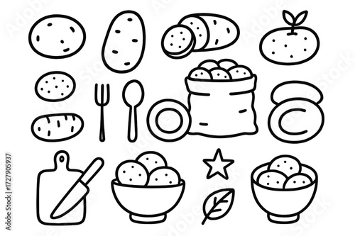 Potato Doodle Collection. Hand-drawn doodle illustration Potato varieties [round potato, long potato, sliced potato, sprouting potato, seed potato, basket,