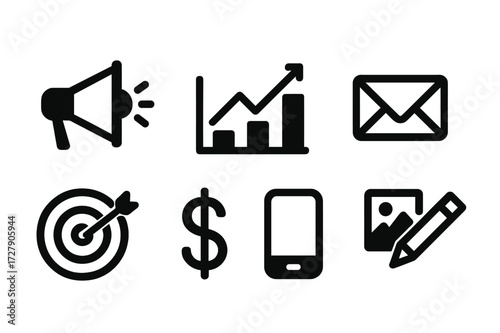 Social Media Icon Set. Solid, filled icon set of social media marketing tools: megaphone, analytics chart, calendar, email, target, dollar sign, smartphone,