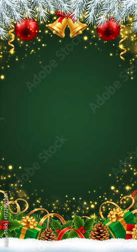Festive green Christmas background with sparkling gold lights, red baubles, bells, garland, holly, pinecones, and gifts, perfect for winter holiday greetings