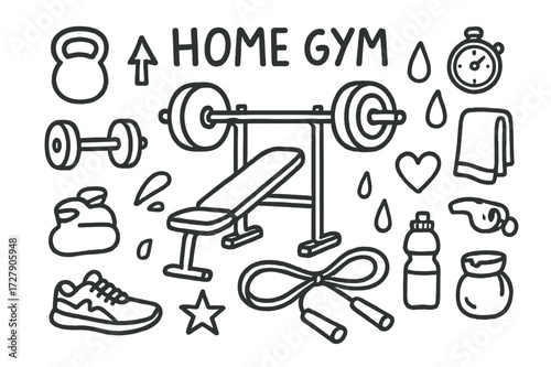 Home Gym Essentials. Hand-drawn doodle illustration Home gym bench press barbell, dumbbell, kettlebell, gym bench, resistance band, sneakers, stopwatch, towel,