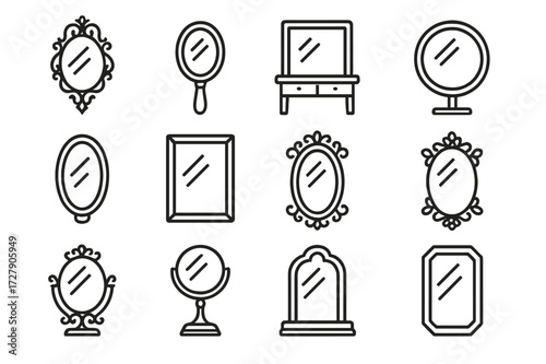 Decorative Mirrors Icon Set. Decorative mirrors. Line icon set of decorative mirrors: ornate wall mirror, hand-held mirror, dressing table mirror, round