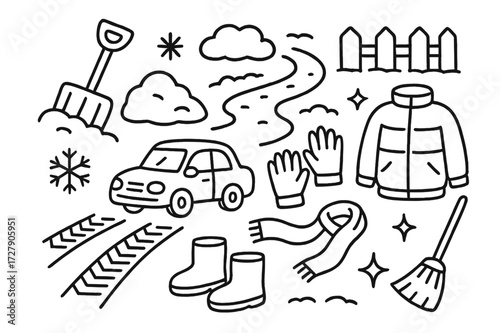 Winter Snow Clearing. Hand-drawn doodle illustration Clearing driveway shovel, snow pile, car, tire tracks, snowflake, gloves, boots, scarf, jacket, broom,