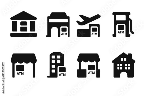 ATM Location Icons. Solid, filled icon set of ATM locations: bank branch, shopping mall, airport, gas station, convenience store, office building, street