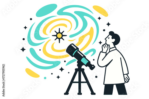 Galactic Supernova Study. Galactic Discovery. Telescope pointing at a glowing supernova, swirling abstract waves of light around. Scientist silhouette gazes in