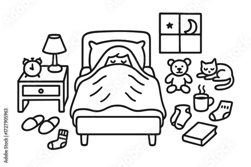 Cozy Bedtime Doodles. Hand-drawn doodle illustration Person hiding under a blanket in bed, blanket, pillow, bed, alarm clock, slippers, nightstand, lamp, teddy