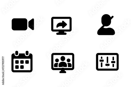 Digital Hosting Icons. Solid, filled icon set of digital hosting platforms: video call icon, share screen, chat bubble, user mute, calendar invite, breakout