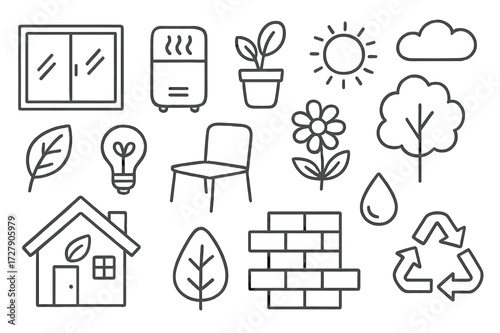 Eco-Friendly Doodle Icons. Hand-drawn doodle illustration Healthy indoor environments [window, air purifier, potted plant, tree, flower, leaf, sun, cloud, eco