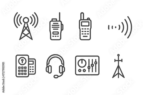 Field Communication Icons. Outline icon set of field communication: radio tower, walkie-talkie, satellite phone, signal waves, encryption device, headset,