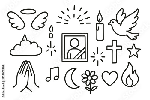Spiritual Symbols Doodle. Hand-drawn doodle illustration spiritual remembrance angel wings, halo, candle, framed photo, light rays, dove, cross, star, cloud,