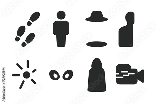 Mystery Icon Set. Solid, filled icon set of hidden character symbols: footstep trail, missing shadow, floating object, half-visible body, spark of movement,