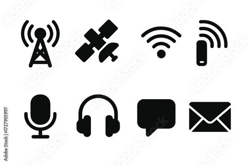 Media Communication Icons. Solid, filled icon set of media communication: broadcast tower, satellite, signal, streaming, podcast mic, headphones, message