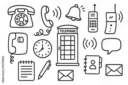 Retro Phone Doodle. Hand-drawn doodle illustration Old Phone rotary dial phone, handset, cord, ringing bell, push buttons, antenna, wall-mounted phone, old