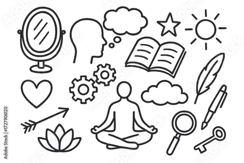 Inner Reflection Icons. Hand-drawn doodle illustration Inner reflection mirror, head silhouette, thought bubble, heart, star, book, cloud, sun, arrow, pen,