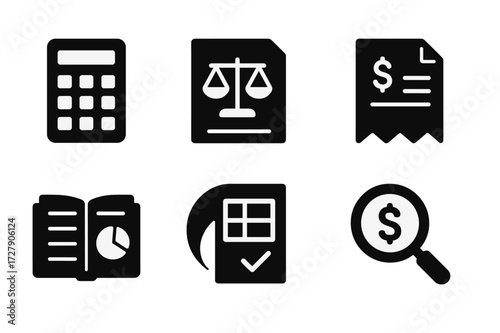 Accounting Tools Icons. Solid, filled icon set of accounting tools: calculator, balance sheet, invoice, tax form, ledger book, pie chart, budget planner, money