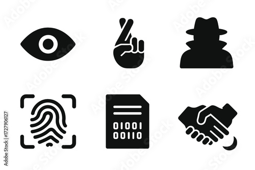 Secret Signs Icons. Solid, filled icon set of secret signs: eye symbol, crossed fingers, silence gesture, shadow figure, fingerprint scan, hidden code, secret