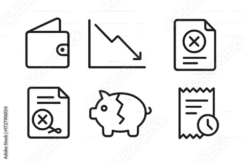 Finance Icons Set. Outline icon set of loser in finance: empty wallet, falling graph, debt notice, loan rejection, canceled contract, empty piggy bank, overdue