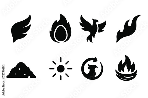 Phoenix Icon Set. Solid, filled icon set of phoenix rebirth: phoenix wing, flame egg, rising feathers, fire trail, ash mound, glowing spark, reborn symbol,