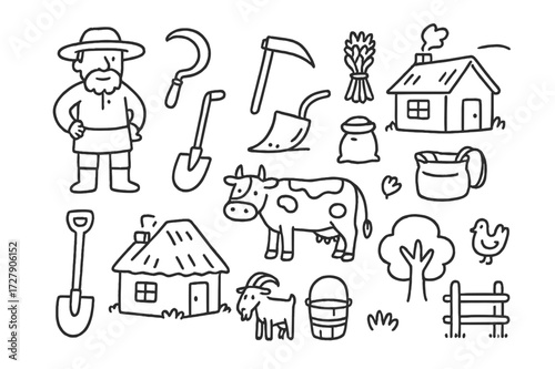 Peasant Farmer Icons. Hand-drawn doodle illustration peasantry farmer, sickle, hoe, plow, wheat bundle, basket, sack, shovel, cottage, cow, chicken, goat,