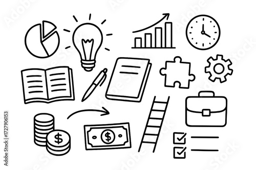 Business Planning Doodles. Hand-drawn doodle illustration Business planning light bulb, chart, pie graph, notebook, pen, calendar, clock, puzzle piece, gear,