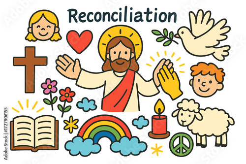 Peaceful Symbols Illustration. Reconciliation. Colorful Hand-drawn doodle Children illustration Jesus, cross, heart, praying hands, smiling faces, dove, halo,