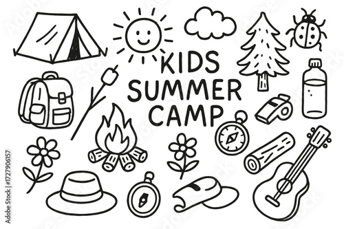 Kids Summer Camp Doodles. Hand-drawn doodle illustration Kids summer camp activities [tent, campfire, marshmallow stick, backpack, compass, whistle, sun,