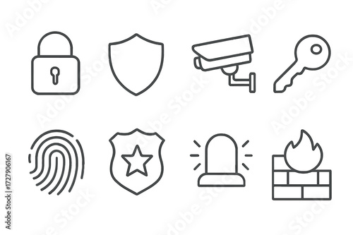 Security Icon Set. Outline icon set of security concepts: padlock, shield, CCTV camera, key, fingerprint, security badge, alarm bell, firewall. Line icons in