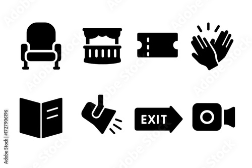 Theater Icon Set. Solid, filled icon set of stage audience elements: seat, balcony, ticket, applause hands, program booklet, spotlight, exit sign, camera.