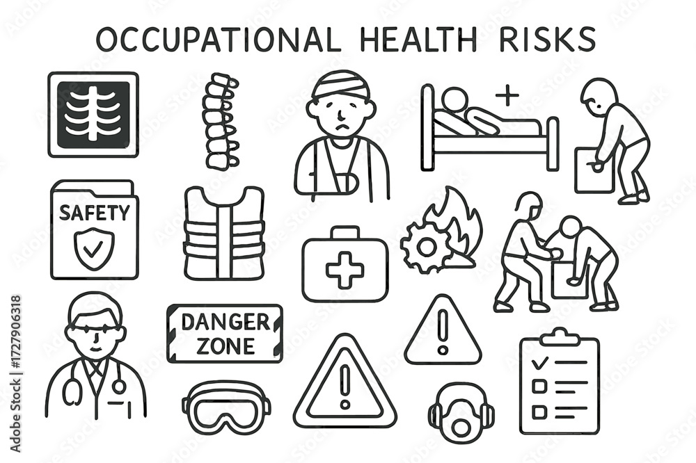 Fototapeta premium Occupational Safety Icons. Hand-drawn doodle illustration [Occupational health risks] [x-ray icon, spine, injured worker, hospital bed, safety file, back