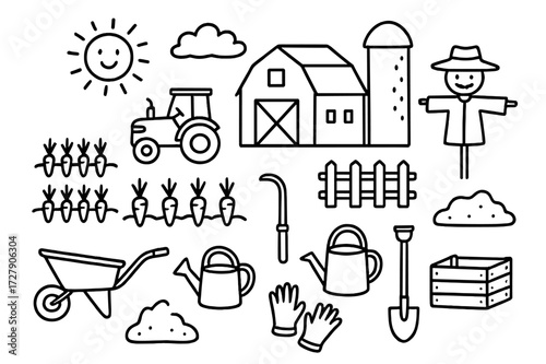 Carrot Farm Doodle. Hand-drawn doodle illustration Carrot farm [carrot rows, tractor, barn, fence, silo, wheelbarrow, watering can, shovel, rake, sun, cloud,