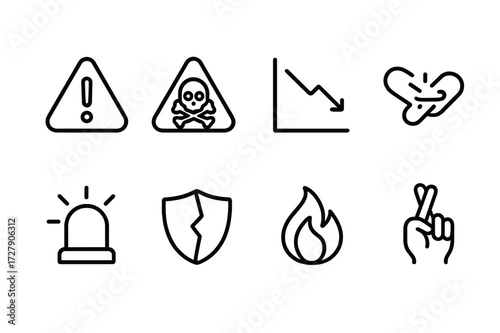 High Risks Icon Set. Outline icon set of high stakes risks: warning sign, hazard triangle, falling graph, broken chain, red alert, cracked shield, fire flame,