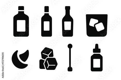 Negroni Cocktail Icons. Solid, filled icon set of negroni cocktail components: gin bottle, campari bottle, sweet vermouth, old fashioned glass, orange peel,