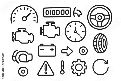 Car Dashboard Icons. Hand-drawn doodle illustration [Car dashboard symbols] [speedometer, odometer, fuel gauge, engine, battery, tire, steering wheel, clock,
