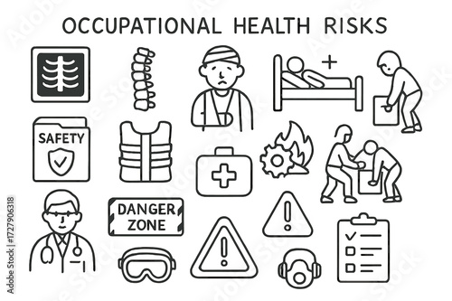 Occupational Safety Icons. Hand-drawn doodle illustration [Occupational health risks] [x-ray icon, spine, injured worker, hospital bed, safety file, back