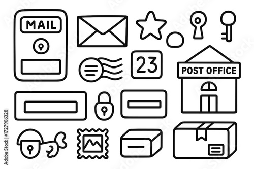 Post Office Doodles. Hand-drawn doodle illustration Modern PO box door envelope, letter, package, lock, star, keyhole, number plate, barcode, postmark, drawer,