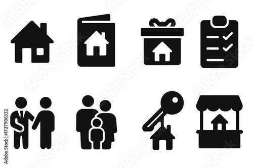 First-Time Buyer Icons. Solid, filled icon set of first-time buyer: starter home, guidebook, welcome kit, beginner checklist, agent helping, family icon, new