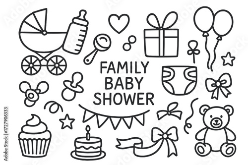 Baby Shower Doodle Icons. Hand-drawn doodle illustration organizing family baby shower stroller, baby bottle, pacifier, rattle, heart, balloons, gift box,