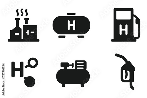 Hydrogen Fuel Icon Set. Solid, filled icon set of hydrogen fuel sources: electrolysis plant, hydrogen storage tank, pipeline, fuel dispensing station, hydrogen