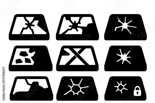 Broken Car Window Icons. Solid, filled icon set of broken car window: cracked glass, shattered pane, spider crack, missing shards, bent frame, taped glass,