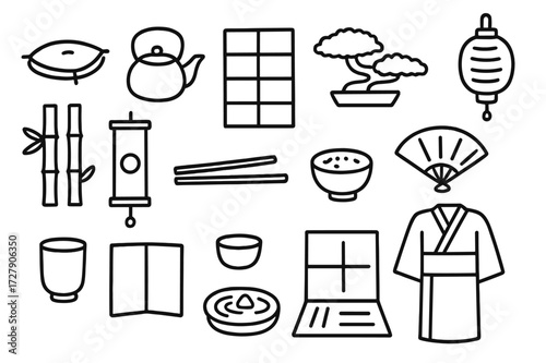 Japanese Minimalist Doodles. Hand-drawn doodle illustration [Japanese minimalism] [floor cushion, tea pot, sliding door, bonsai, fan, lantern, bamboo, scroll,