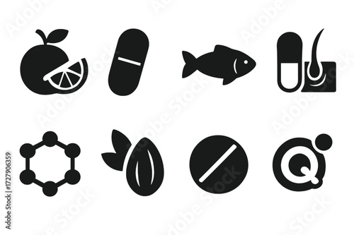 Vitamin E Nutrient Icons. Solid, filled icon set of vitamin E related nutrients: vitamin C, zinc, omega-, biotin, collagen, magnesium, selenium, coenzyme Q10.
