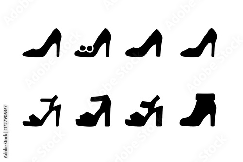 Occasion Heels Icons. Solid, filled icon set of occasion heels: evening heels, bridal heels, office heels, party heels, casual heels, fashion heels, summer